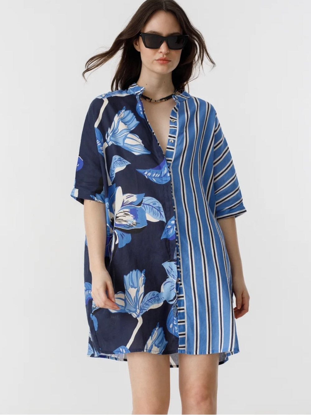 ·Lanhtropy· Blue Linen Striped Floral Lighthouse Shirt Dress Size L/XL